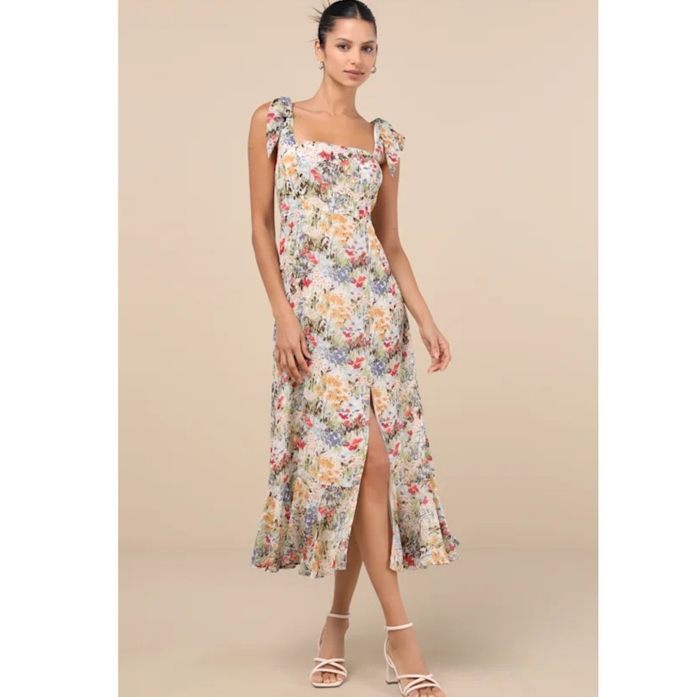 Lulus Summer Invite White Multi Floral Tie-Strap Tiered Midi Dress NWT Small